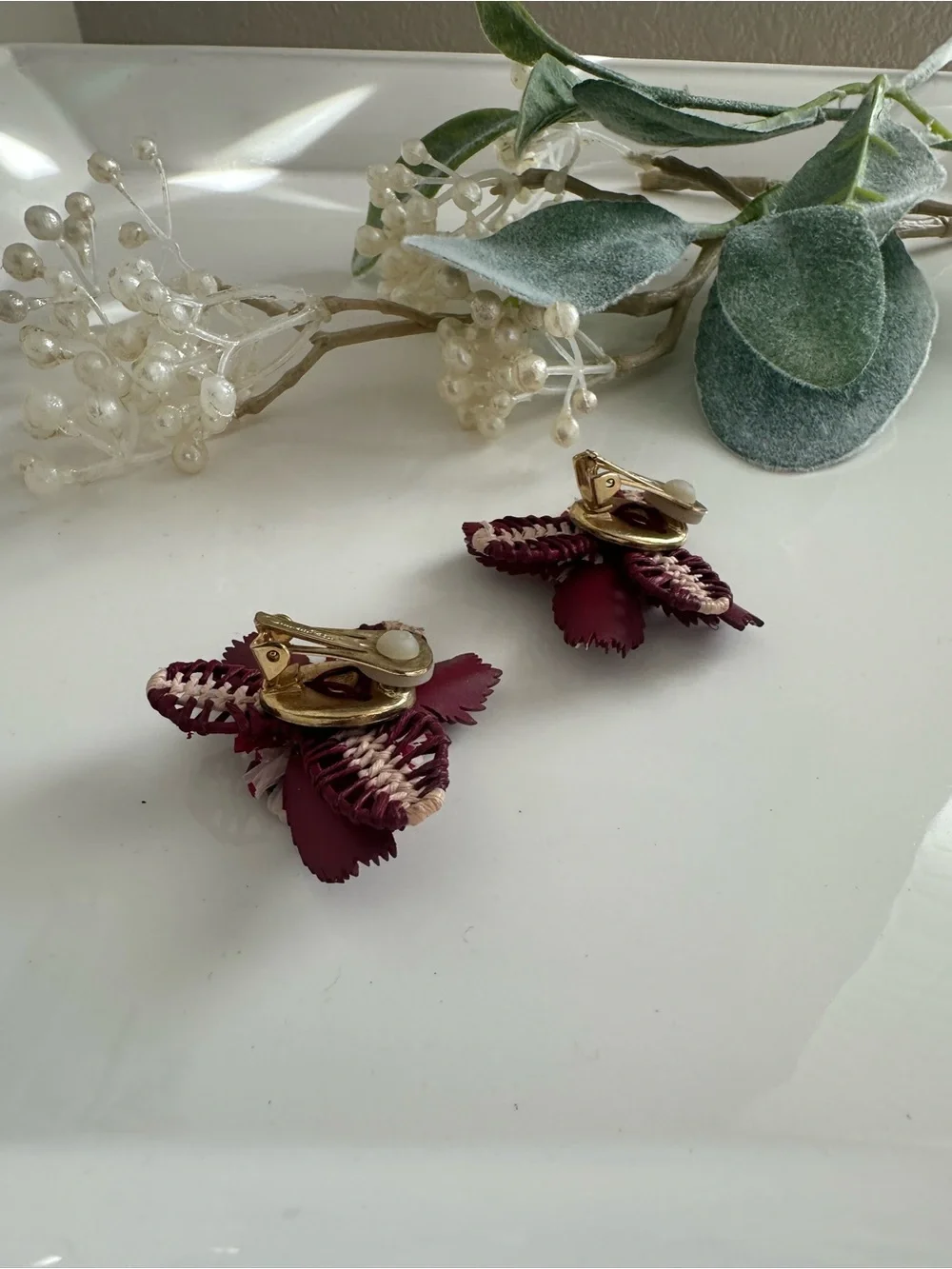 Oscar de la Renta Tropical Flower Earrings Burgundy Red Clip On